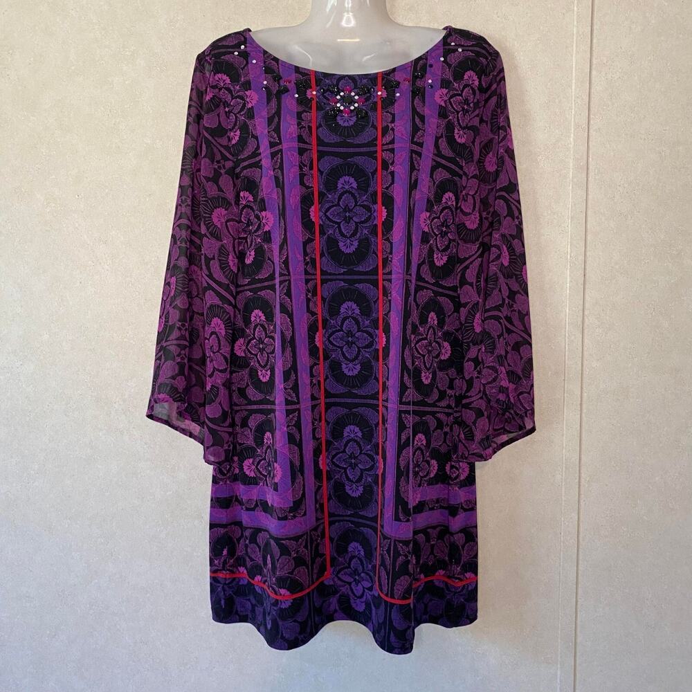 Style & Co. Top Tunic Short Dress‎ Purple Studded Floral Dressy Elegant Small